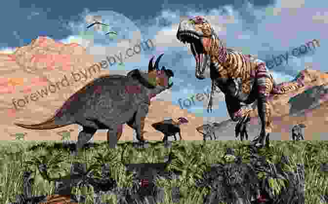 A Triceratops Fighting A Tyrannosaurus Rex Dinosaur Predators On The Plain (Dinosaurs Rule)